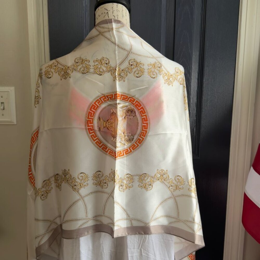 Story of Shanghai 100% Mulberry Silk scarf/shawl cream color 68" x 20" lions NWT